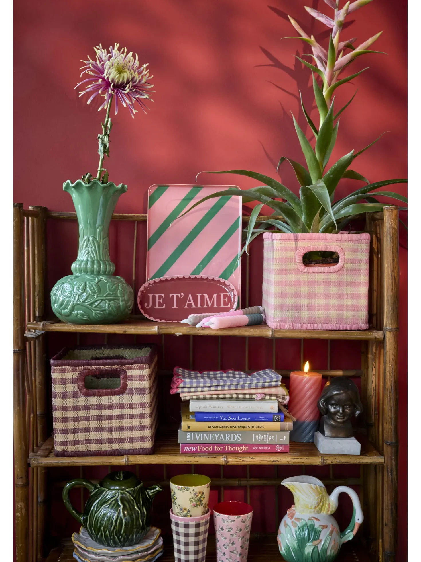 Raffia Square Basket in Pink Checks with Handle Opening - Small
