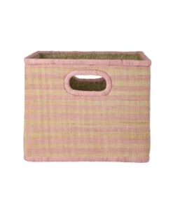 Raffia Square Basket in Pink Checks with Handle Opening - Large
