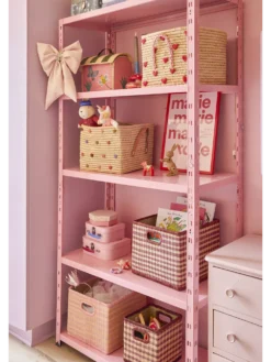 Raffia Square Basket in Pink Checks with Handle Opening - Large