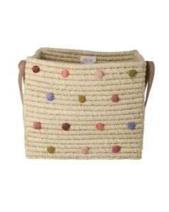 Raffia Square Basket with Dots and Leather handles