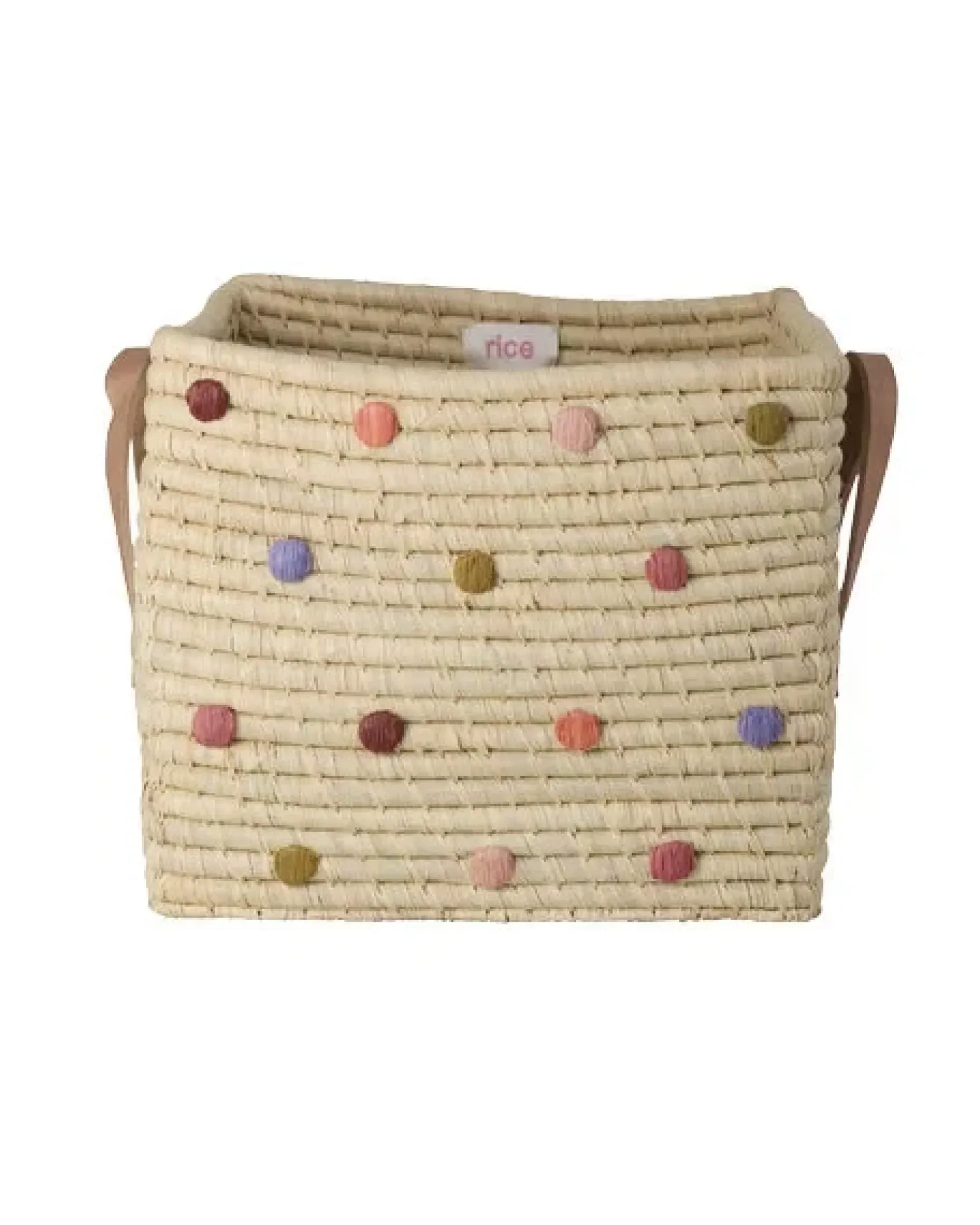 Raffia Square Basket with Dots and Leather handles