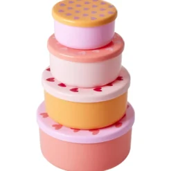 Set Of 4 Runda Matlådor Av Plast Heart Print