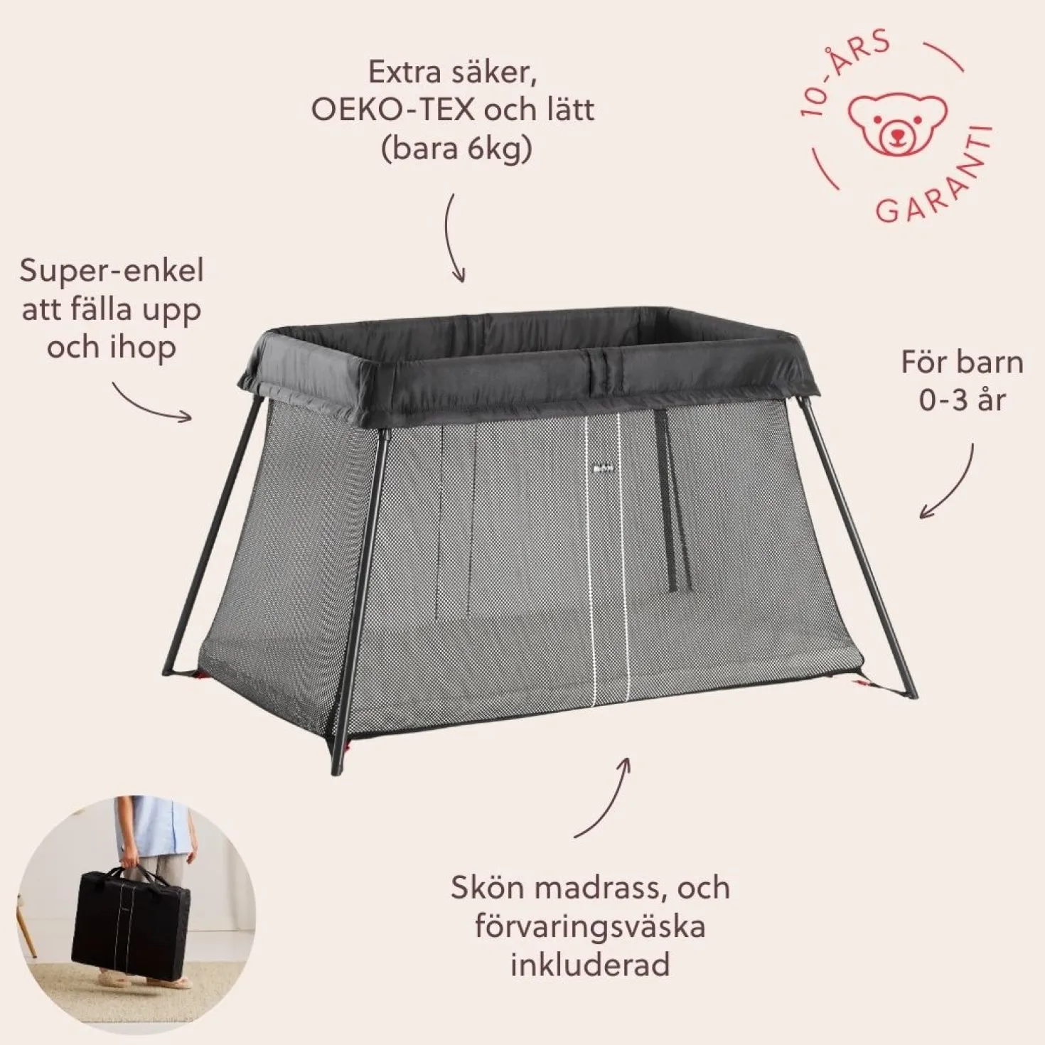 Spjälsäng Light Med Reselakan Black