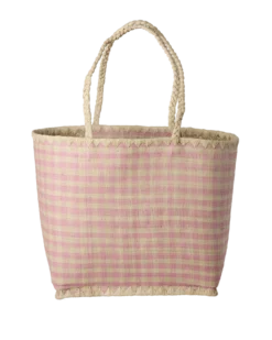 Stor Raffia-väska Med Rosa Rutmönster Pink