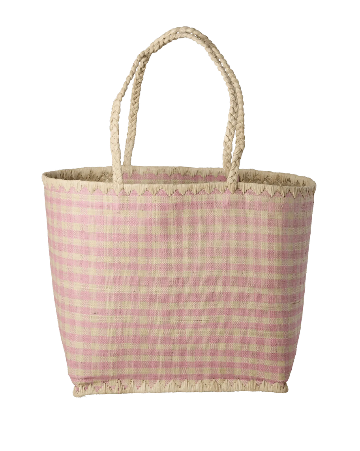 Stor Raffia-väska Med Rosa Rutmönster Pink